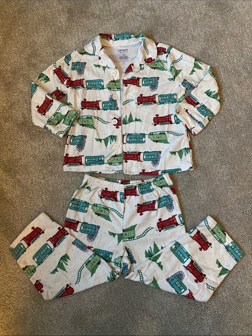 Carter's 2T White Train Print Pajama Set - Red & Green & Teal